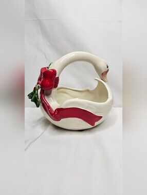 ​Vtg  Fitz and Floyd Christmas Swan Ceramic Basket Planter Candy Dish Holly FF